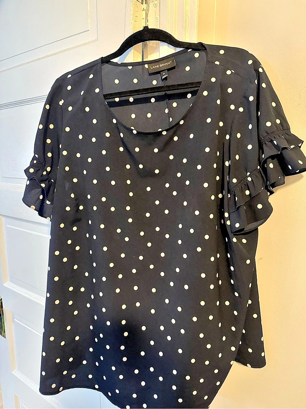 Lane Bryant Polka Dot Ruffle Sleeve Blouse in Blue & Cream